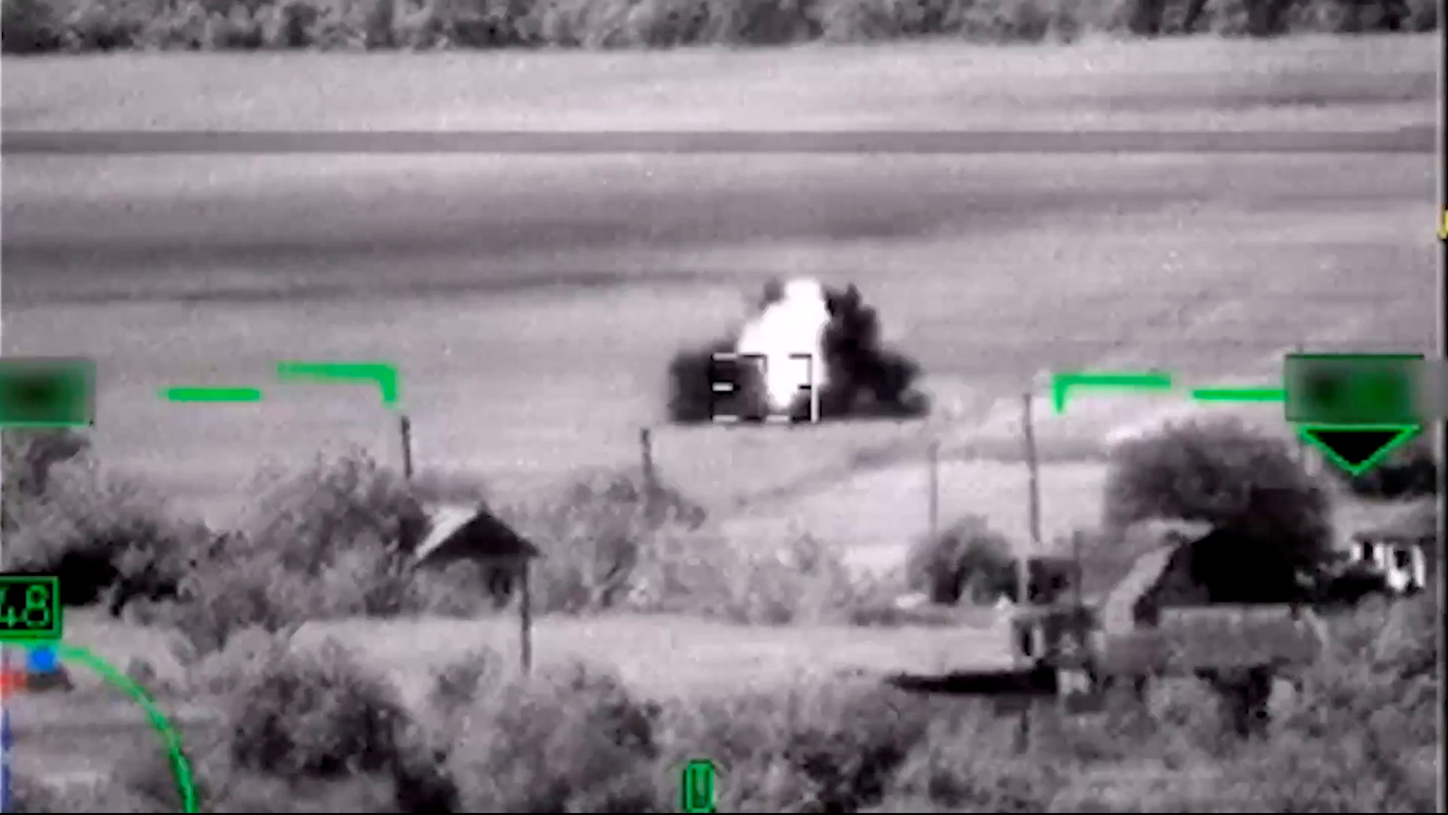 This photo taken from video released by Russian Defense Ministry Press Service on Tuesday, June 6, 2023, shows a Ukrainian tank being hit by a Russian missile. (AP)