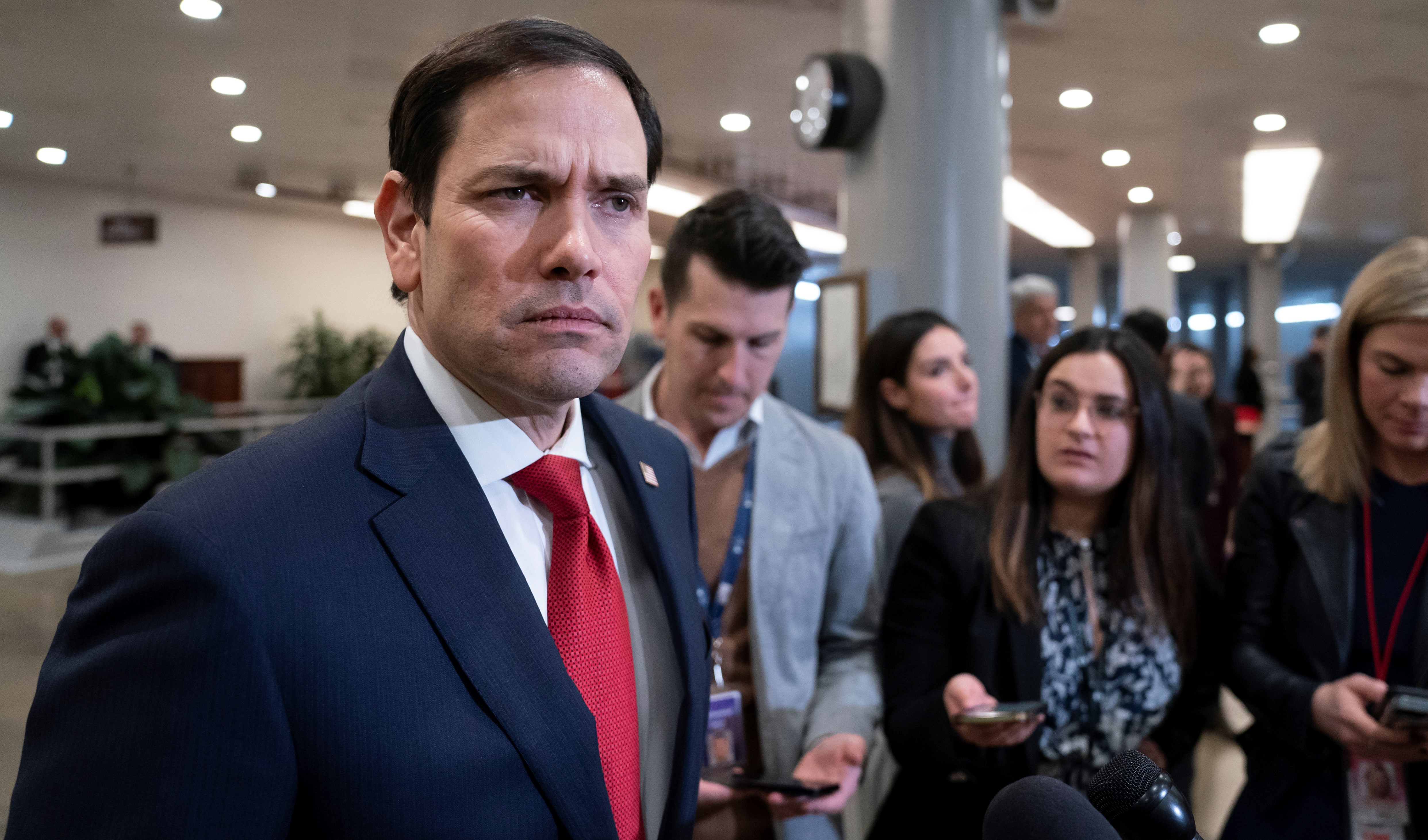 Senate Intelligence Committee Vice Chairman Marco Rubio, speaks to reporters following a classified briefing on China, at the Capitol in Washington, Wednesday, Feb. 15, 2023. (AP)