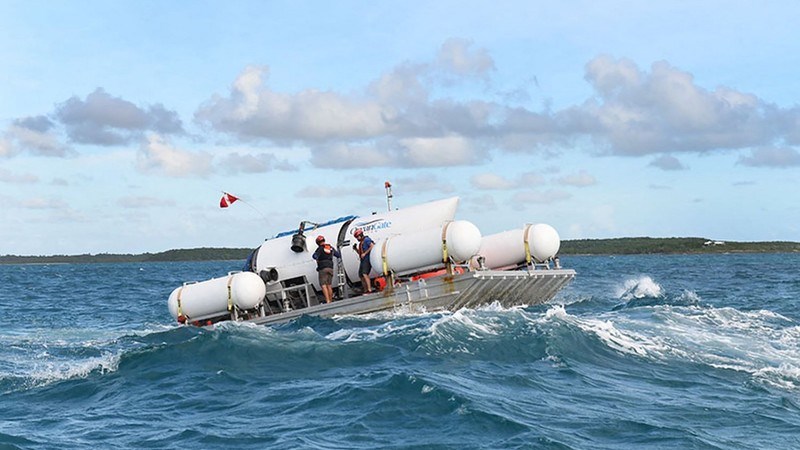 This undated image courtesy of OceanGate Expeditions, shows their Titan submersible being towed to a dive location. (AFP / OceanGate Expeditions)