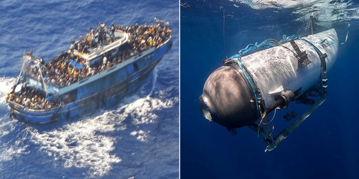 Left: Migrants crowd a vessel crossing the Mediterranean Sea. Right: The OceanGate Expeditions Titan submersible.Hellenic Coast Guard via AP; OceanGate