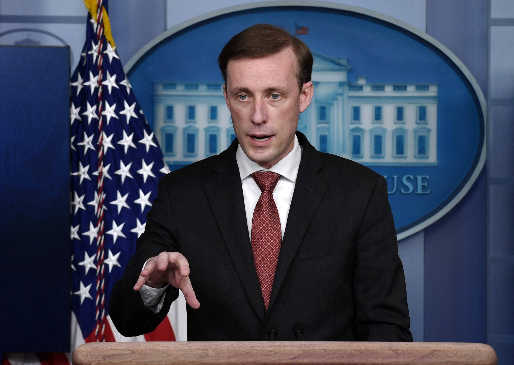US National Security Adviser Jake Sullivan speaking at a news conference (AFP)
