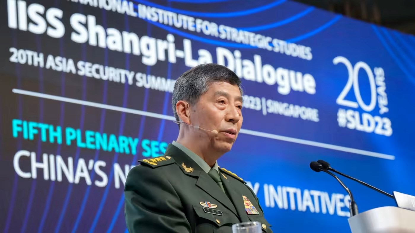 Chinese Defense Minister Gen. Li Shangfu delivers his speech on the last day of the 20th International Institute for Strategic Studies (IISS) Shangri-La Dialogue, Asia's annual defense and security forum, in Singapore on June 4., 2023 (AP)
