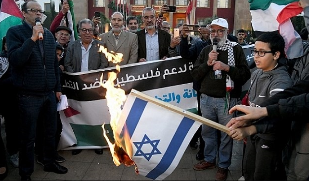 Moroccan people protest Israeli Occupation Knesset Speaker visit in Rabat, on June 8, 2023. (Social Media)