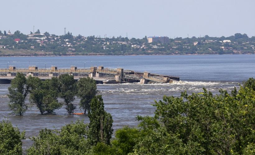 A view shows the dam destroyed at the Kakhovka Hydroelectric Power Plant in Novaya Kakhovka, Ukraine, on Tuesday, June 6, 2023. (TASS)