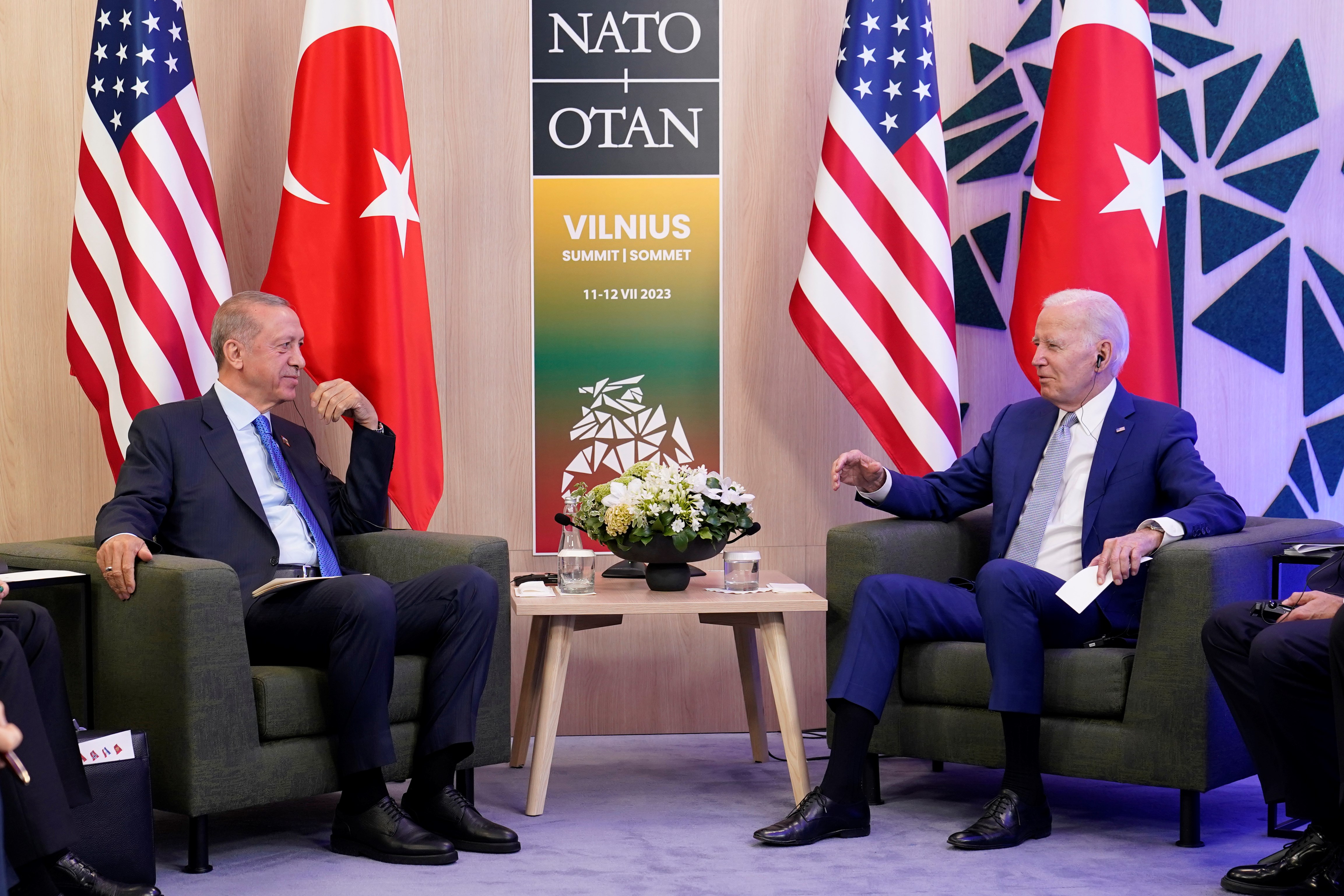 President Joe Biden and Turkeys President Recep Tayyip Erdogan meet on the sidelines of the NATO summit in Vilnius, Lithuania, Tuesday, July 11, 2023. (AP)
