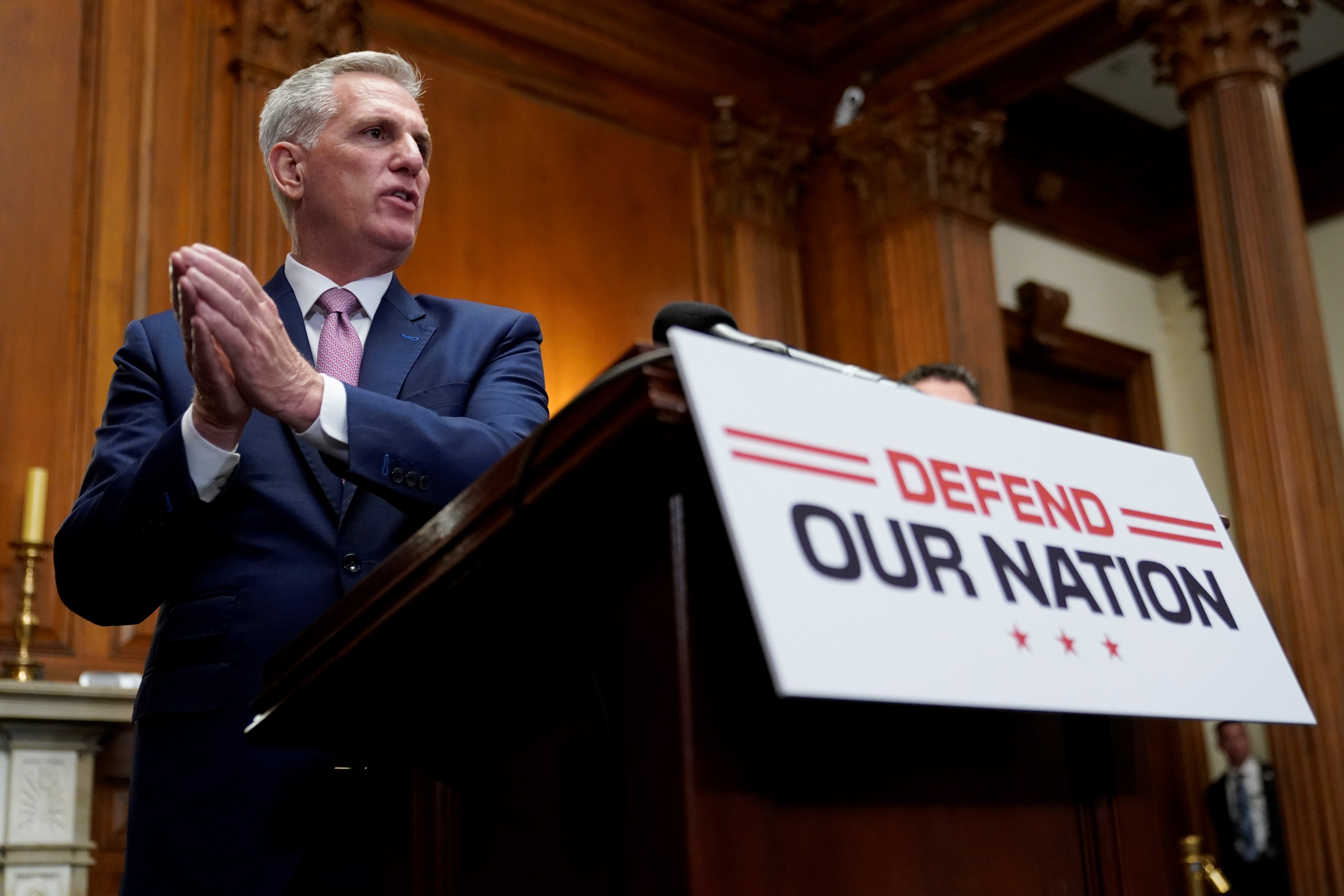 House Speaker Kevin McCarthy of Calif., speaks during a news conference after the House approved an annual defense bill, Friday, July 14, 2023, on Capitol Hill in Washington. (AP)