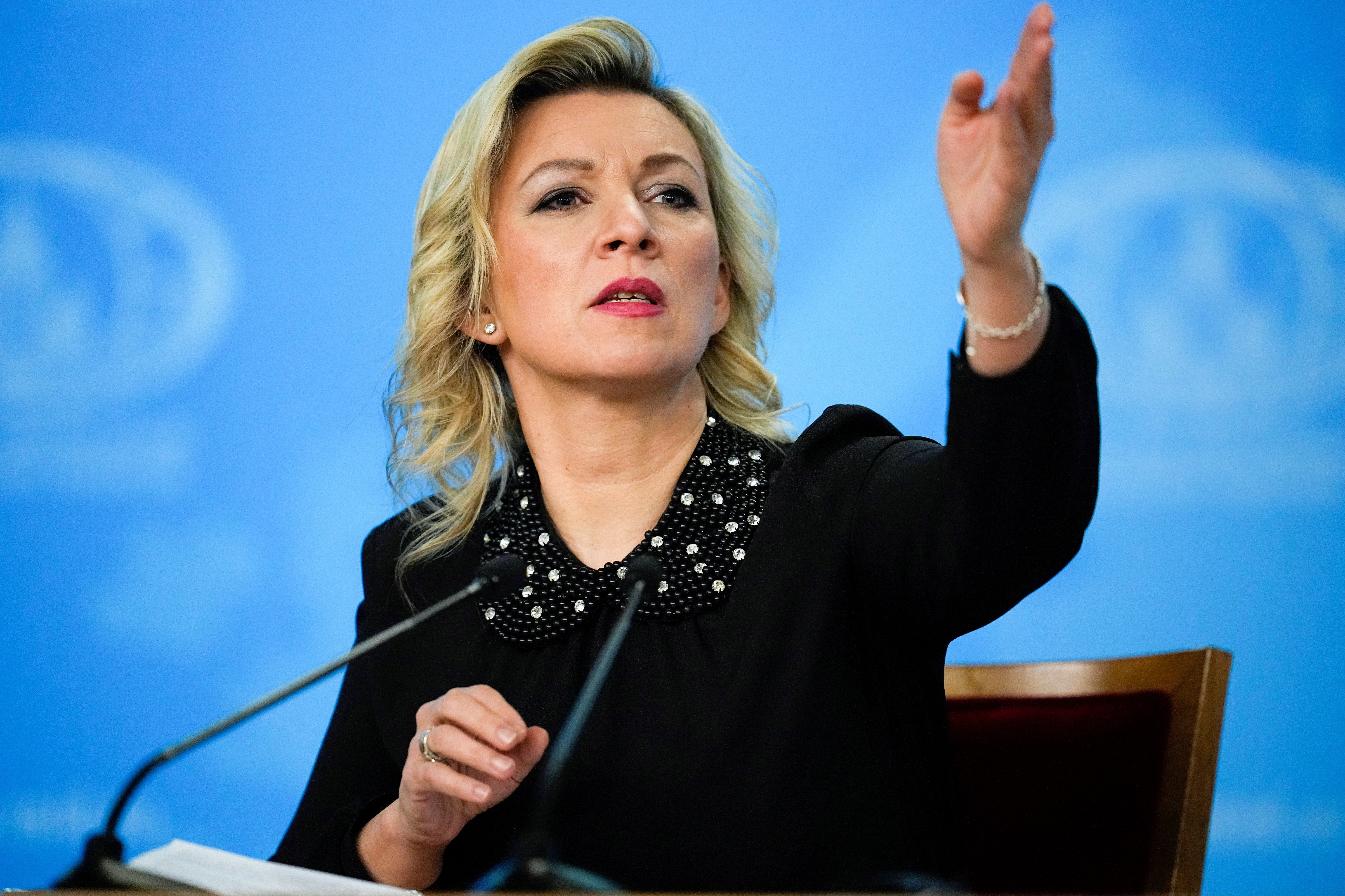 Russian Foreign Ministry spokeswoman Maria Zakharova gestures while Russian Foreign Minister Sergey Lavrov's annual news conference in Moscow, Russia, Wednesday, Jan. 18, 2023. (AP)