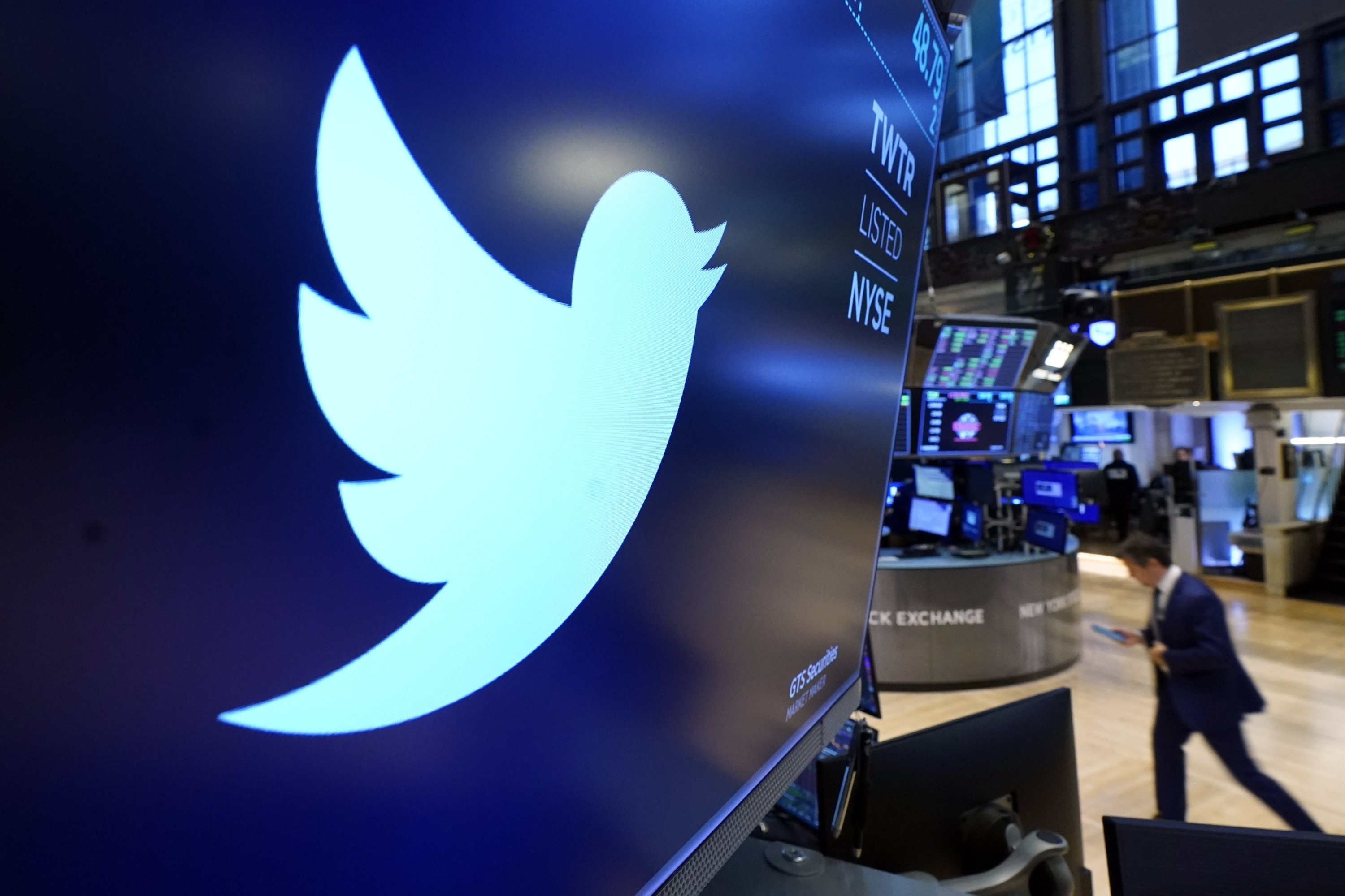 The logo for Twitter appears above a trading post on the floor of the New York Stock Exchange, New York, U.S., Nov. 29, 2021. (AP)