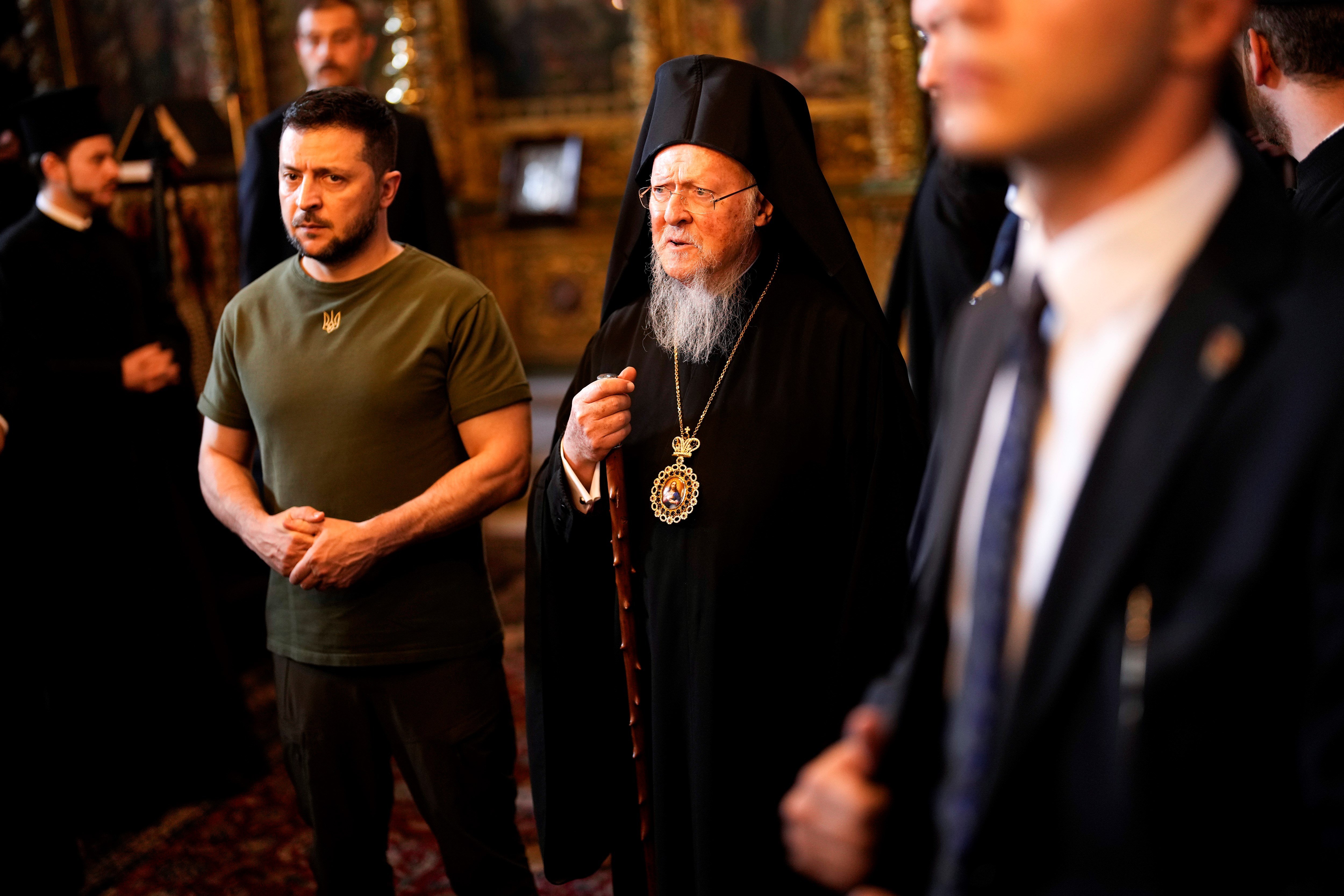 Ukrainian President Volodymyr Zelensky, left, stands next to Ecumenical Patriarch Bartholomew I, the spiritual leader of the world's Orthodox Christians, at the Patriarchal Church of St. George in Istanbul, Turkey, Saturday, July 8, 2023. (AP)