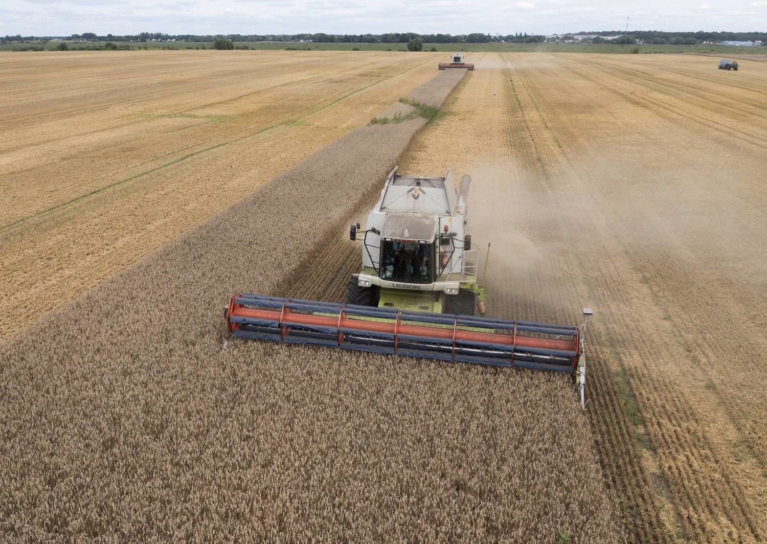 Harvesters collect wheat in the village of Zghurivka, Ukraine, on Aug. 9, 2022. (AP)