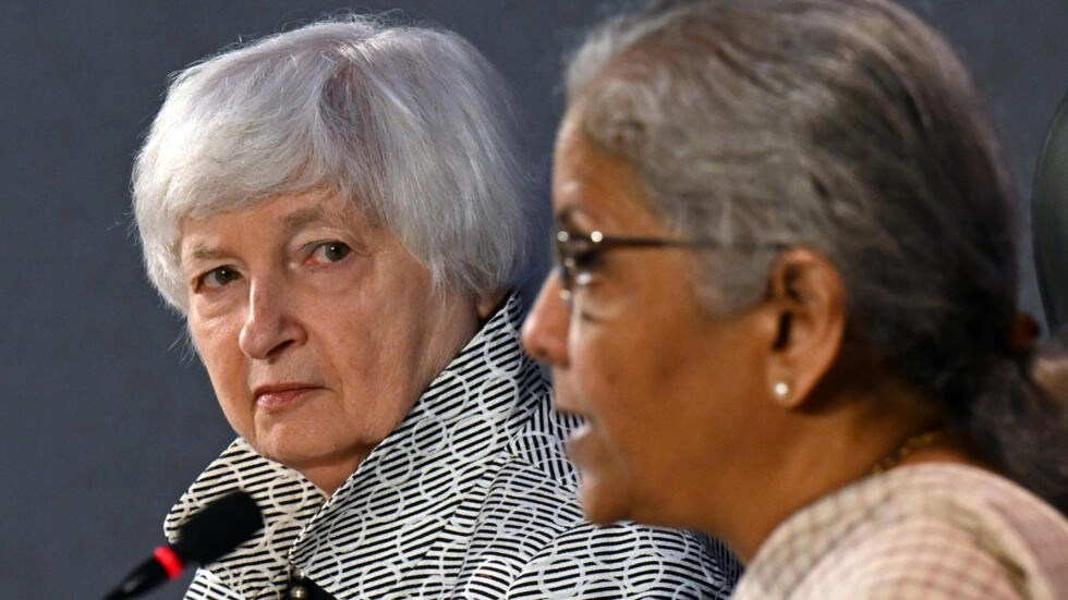 US Treasury Secretary Janet Yellen (L) listens to India's Finance Minister Nirmala Sitharaman during a press conference at a G20 meeting of finance and central bank chiefs (AFP)