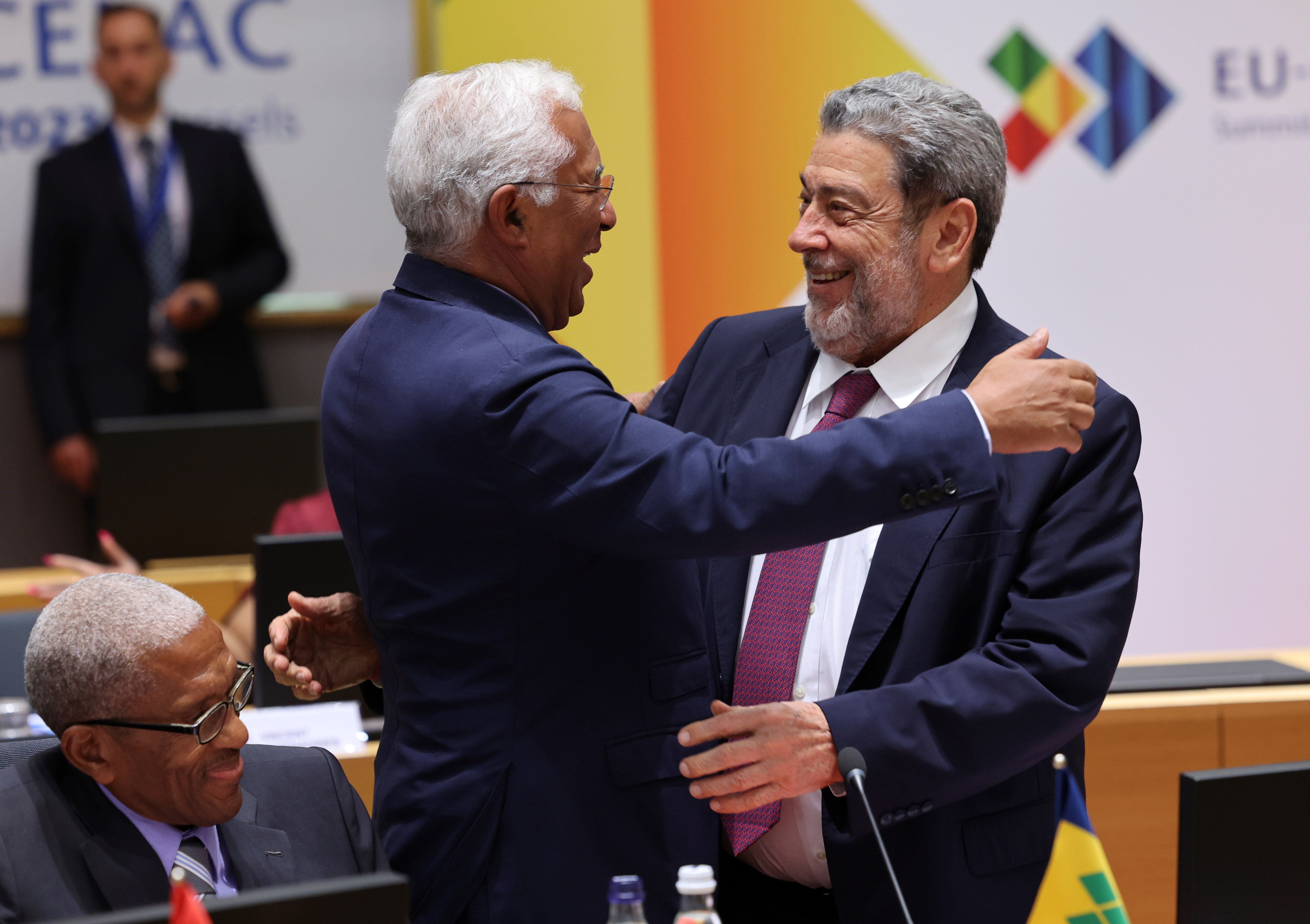 Saint Vincent and the Grenadines Prime Minister Ralph Gonsalves, greets Portugal Prime Minister Antonio Costa during a round table meeting at the third EU CELAC summit , Belgium, Monday, July 17, 2023. (AP )