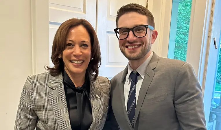 Vice President Kamala Harris grinned and posed for a photo with the son of George Soros on Tuesday, as speculation swirls about her 2024 presidential ambitions (Alex Soros/Twitter)