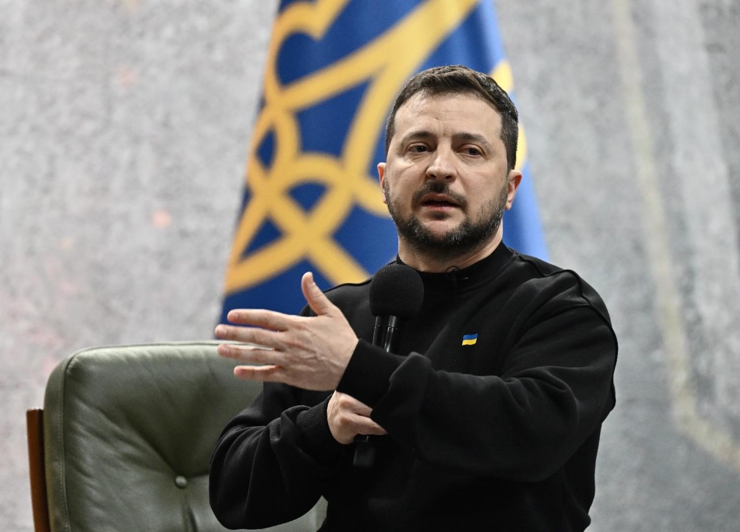 Ukrainian President Volodymyr Zelensky gestures as he gives a press conference in Kiev on February 24, 2023 on the first anniversary of the Russian invasion of Ukraine ( AFP)