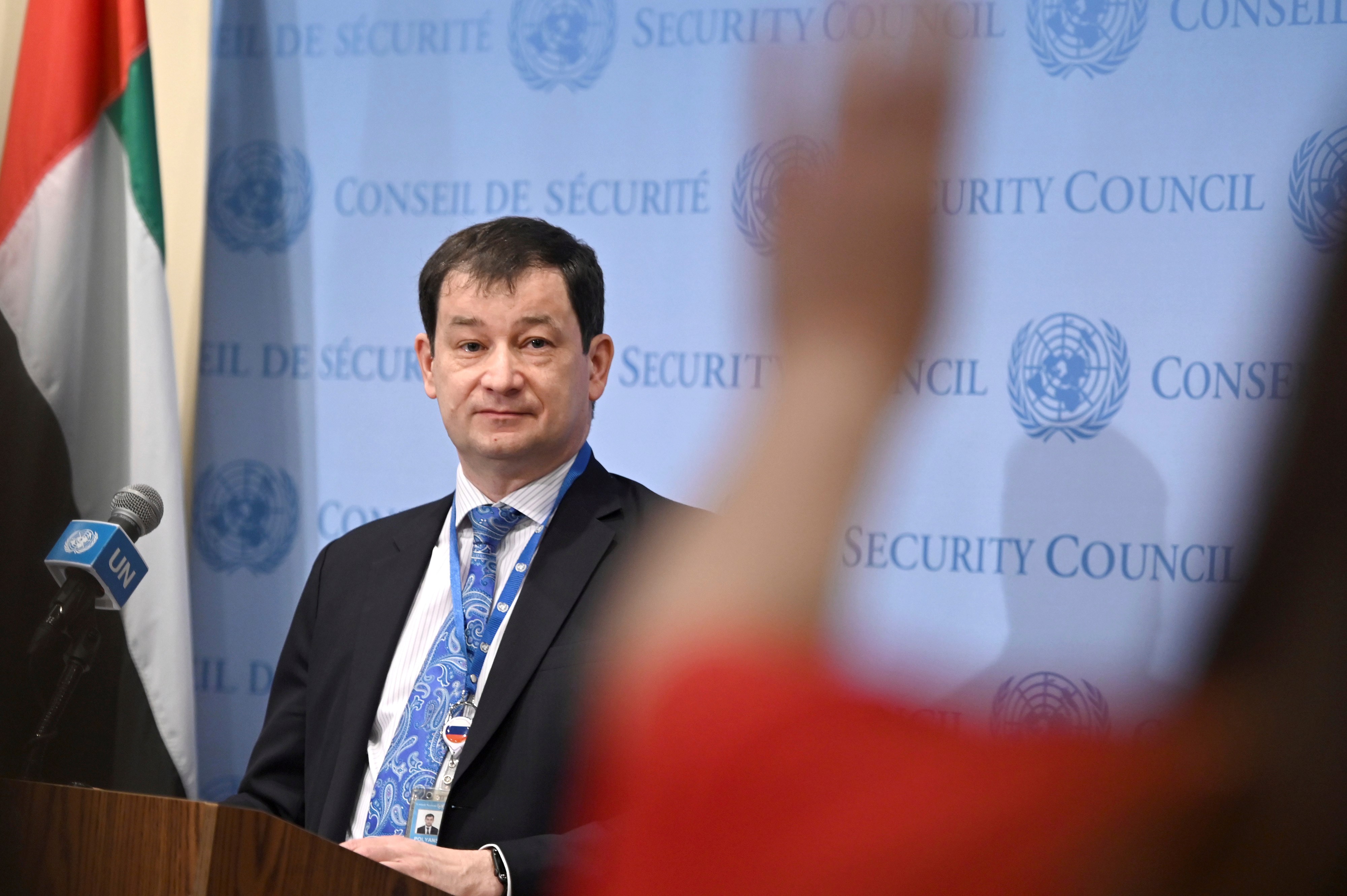 Dmitry Polyanskiy, First Deputy Permanent Representative of Russia's mission to the United Nations, during a news conference at the United Nations Headquarters in New York on April 25, 2022. (AP)