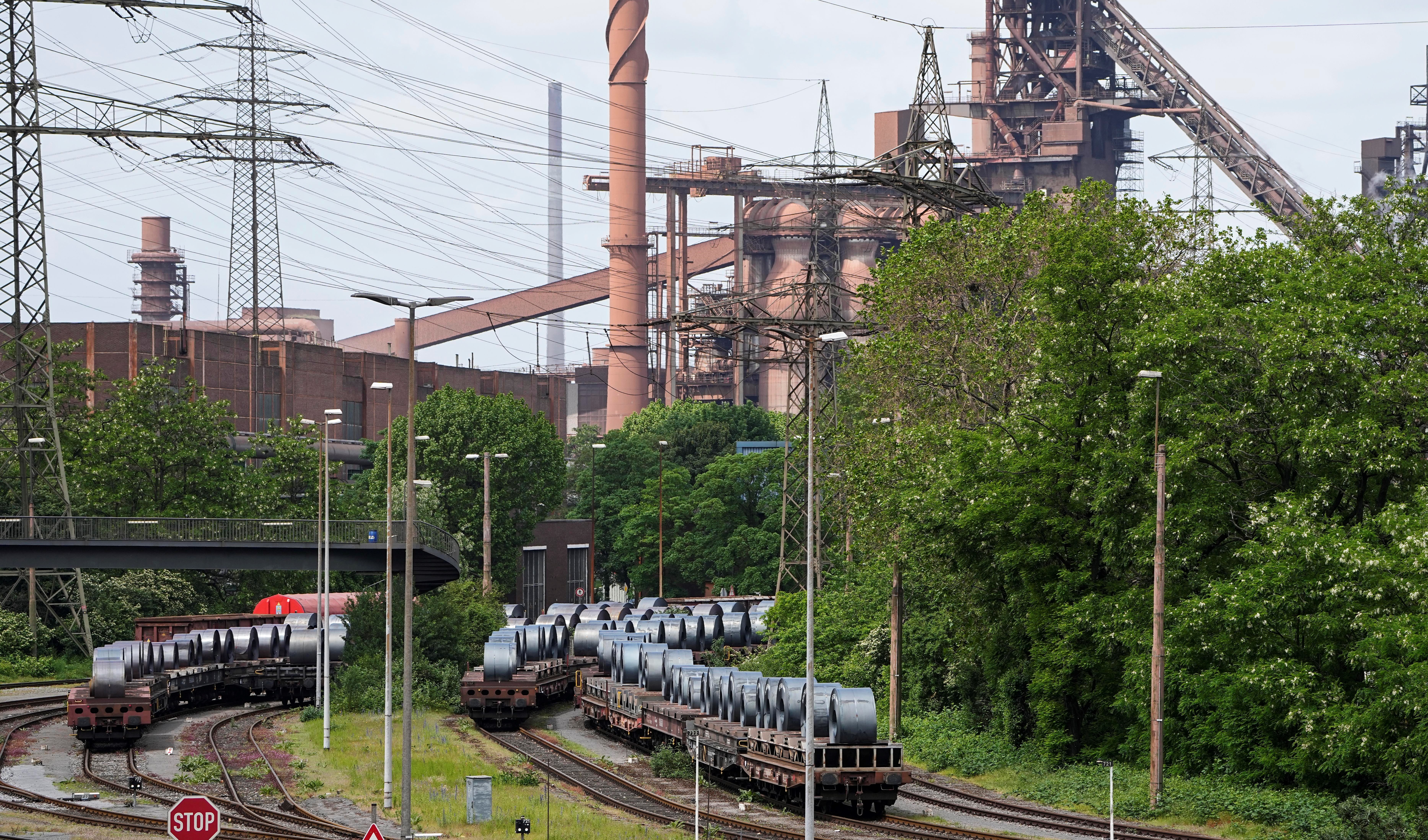 Steel coil is ready for transport at a steel mill of Germany's biggest producer thyssenkrupp Steel Europe in Duisburg, Germany, Tuesday, May 23, 2023. (AP)