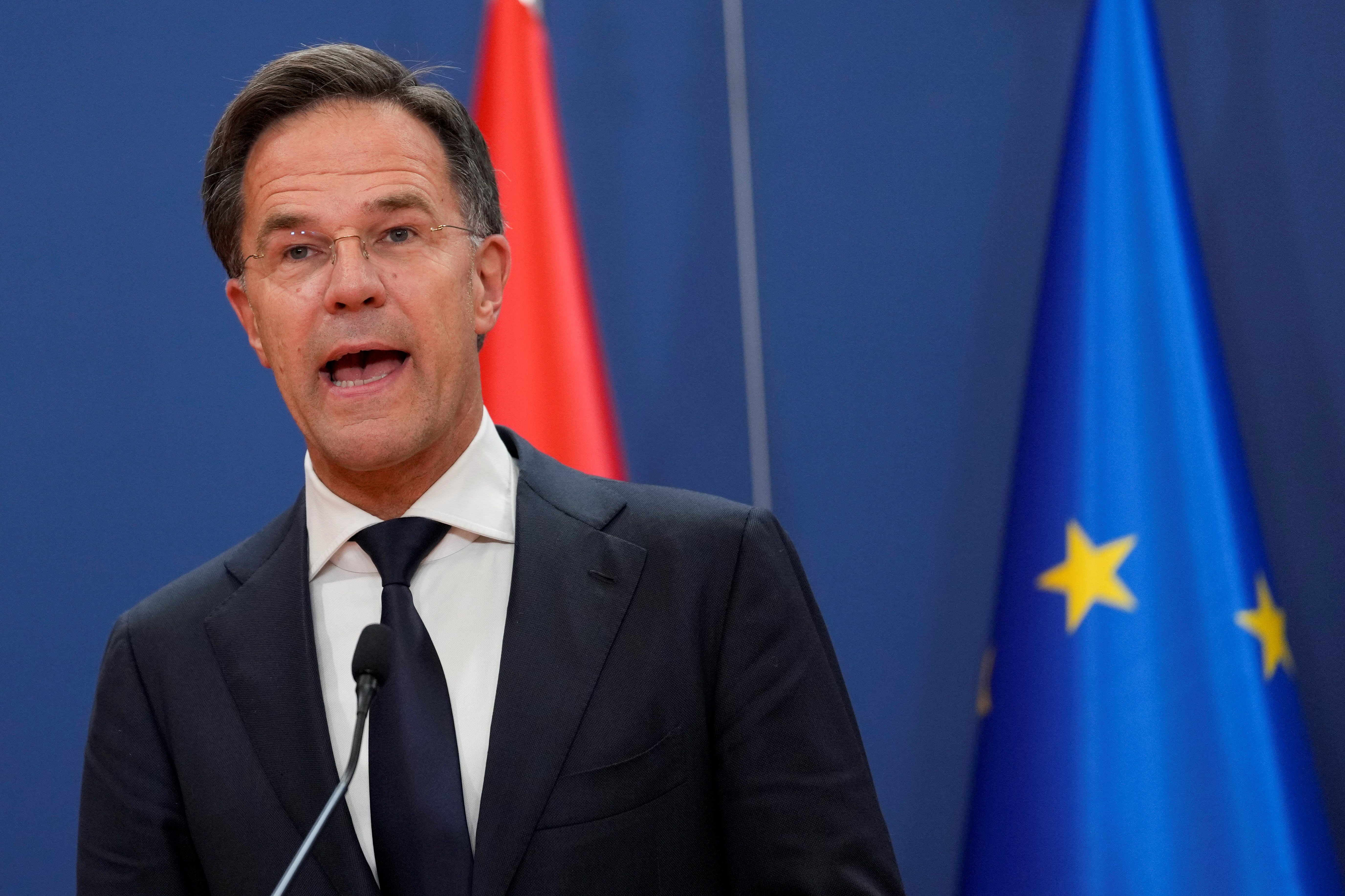 Netherland's Prime Minister Mark Rutte speaks during a press conference at the Serbia Palace, in Belgrade, Serbia, on July 3, 2023.  (AP)