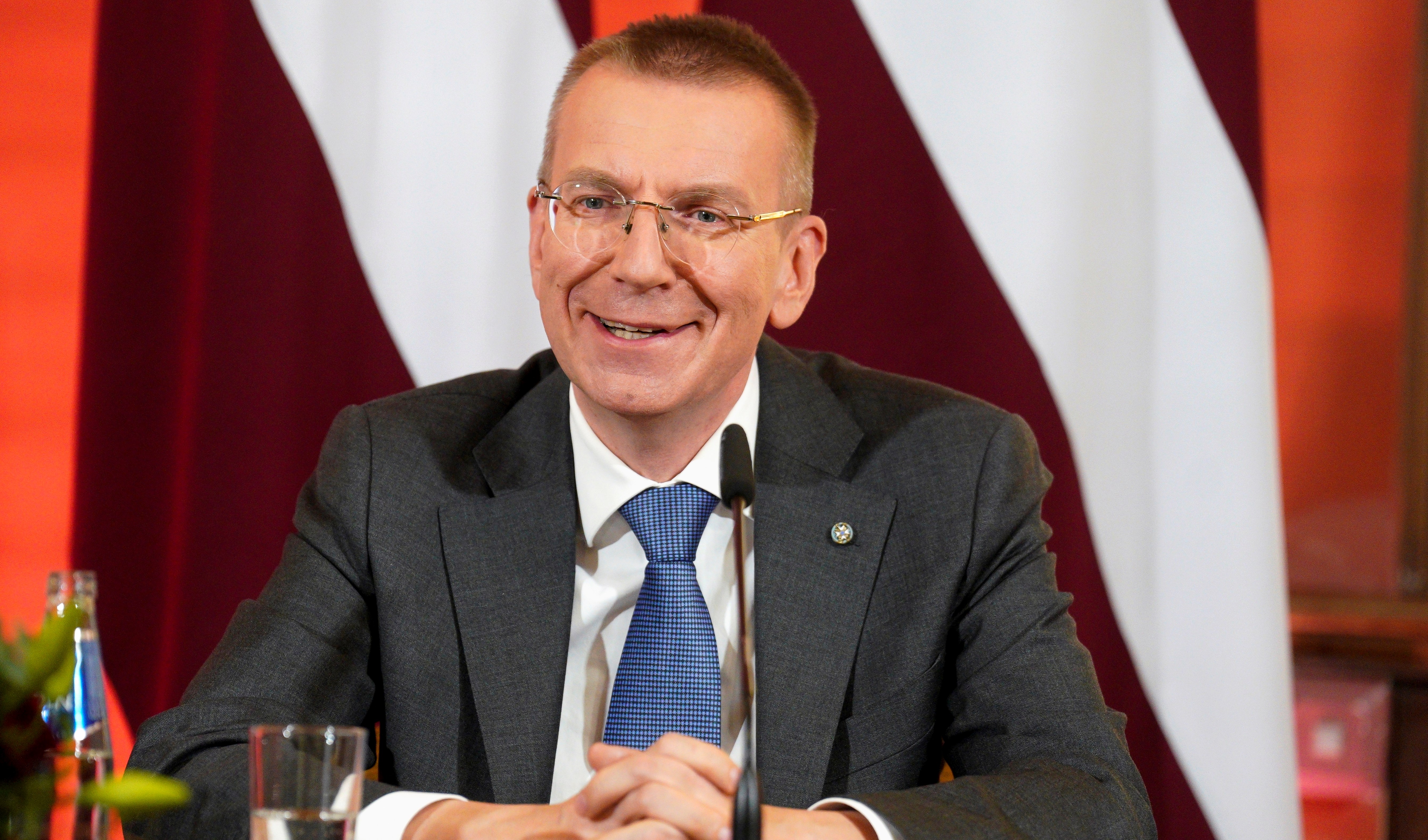 Newly elected Latvian President Edgars Rinkevics speaks to the media after lawmakers elected him in the Saeima, the Latvian Parliament in Riga, Latvia, Wednesday, May 31, 2023. (AP)