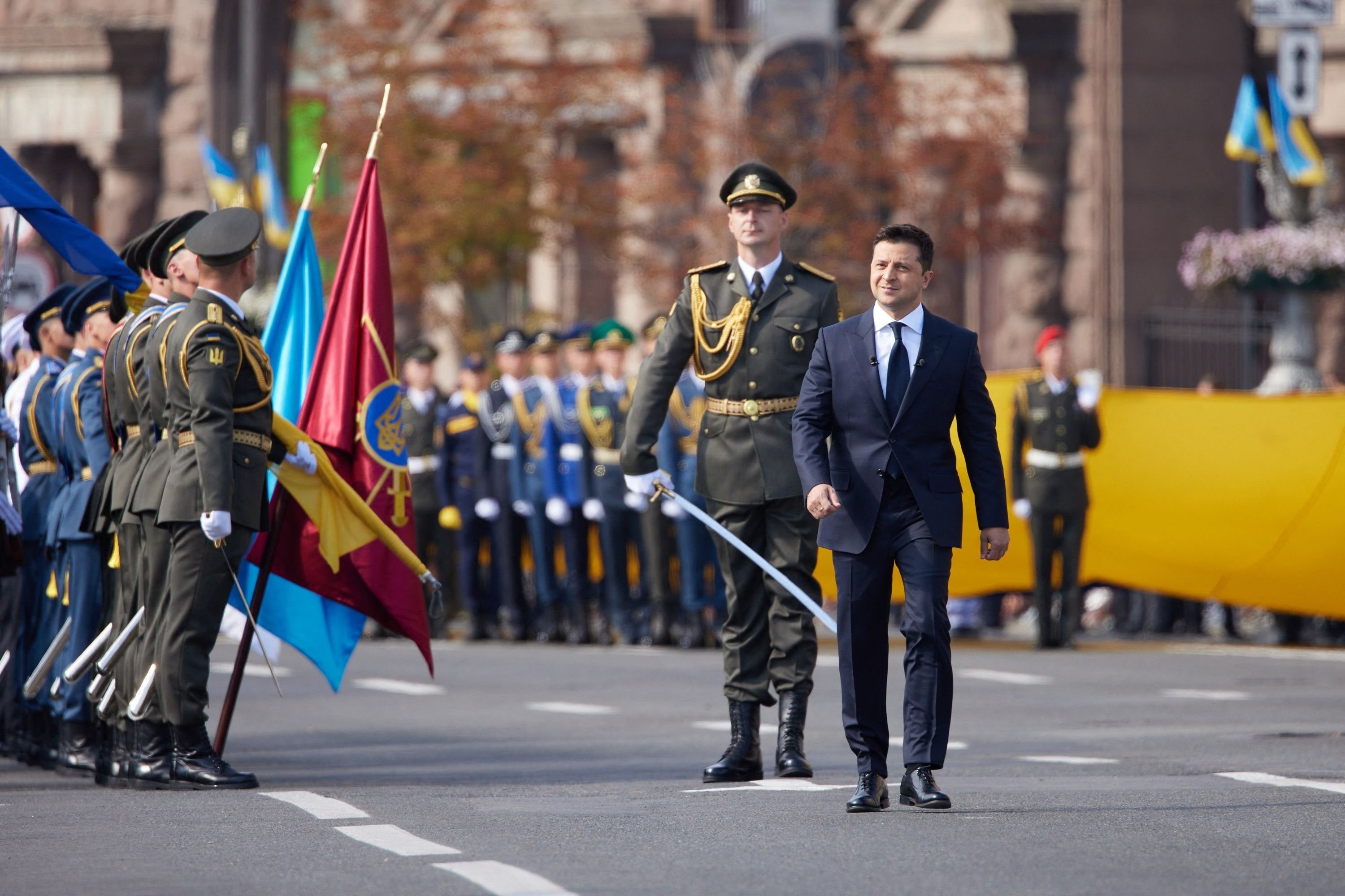 Ukrainian President Volodymyr Zelensky walks during the Independence Day military parade in Kyiv, Ukraine, Aug. 24, 2021. (Ukrainian Presidential Press Service/AFP)