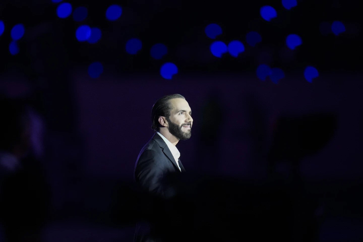 Salvadoran President Nayib Bukele's photo during the Central American and Carribean Games ceremony in San Salvadore, El Salvador's Gonzalez stadium, on June 23, 2023. (AP)