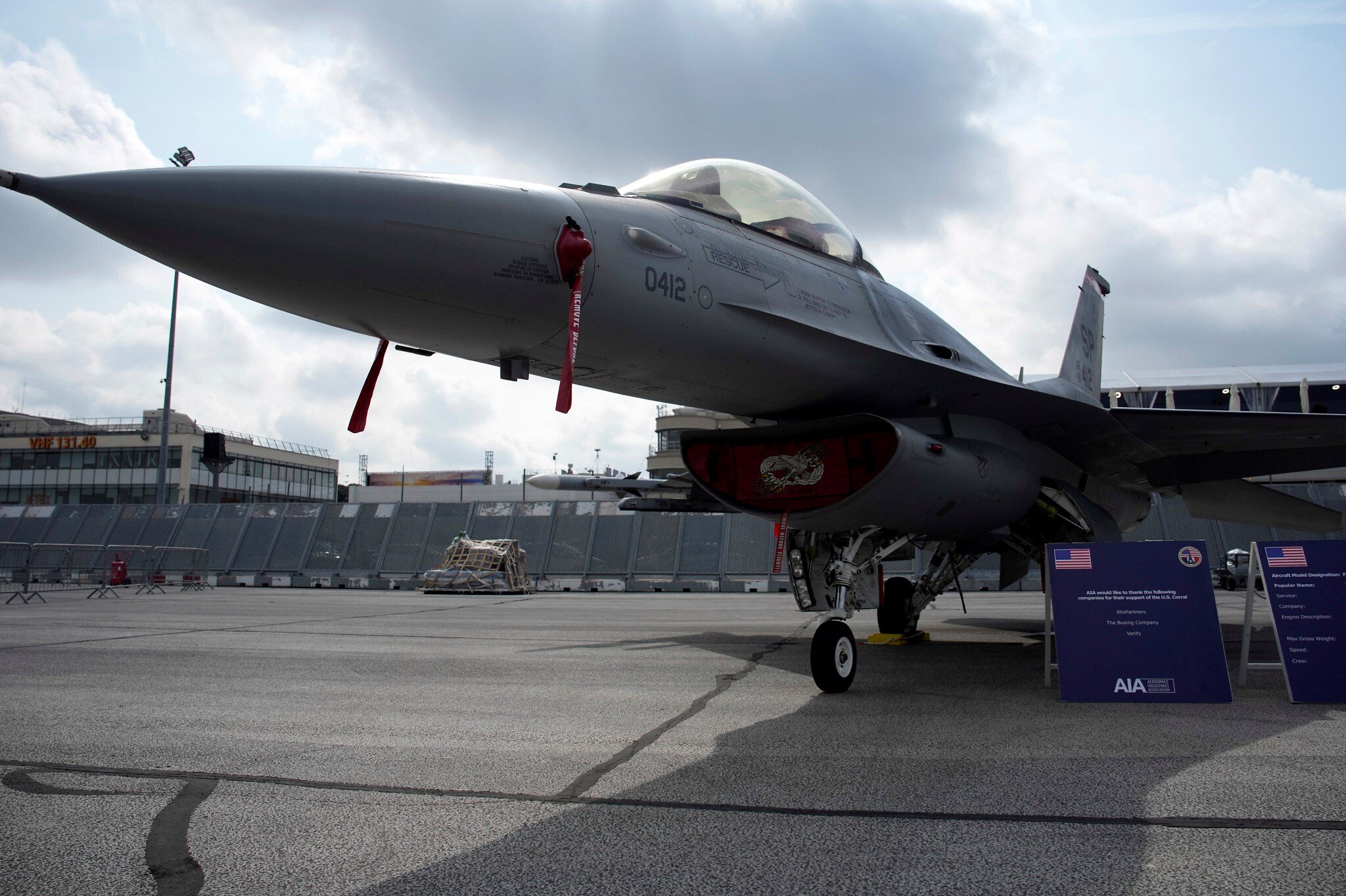 US Air Force F-16 fighter jet is on display during the Paris Air Show in Le Bourget, north of Paris, France, Monday, June 19, 2023 (AP)