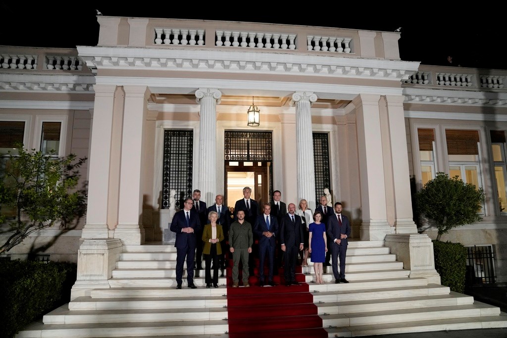 Balkan leaders pose for a family photo at Maximos Mansion in Athens, Greece, Monday, Aug. 21, 2023. (AP)