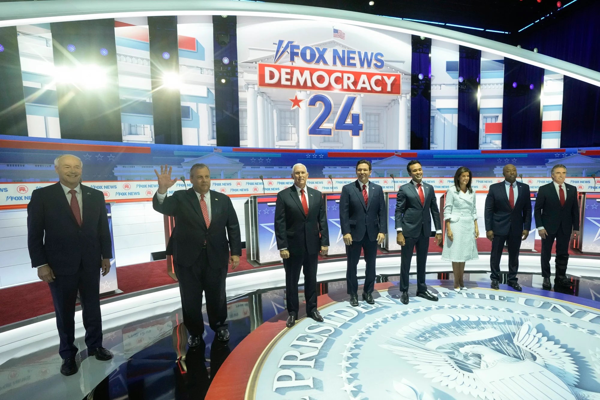 The eight Republican presidential candidates at the first debate on August 23, 2023 in Milwaukee (AP)