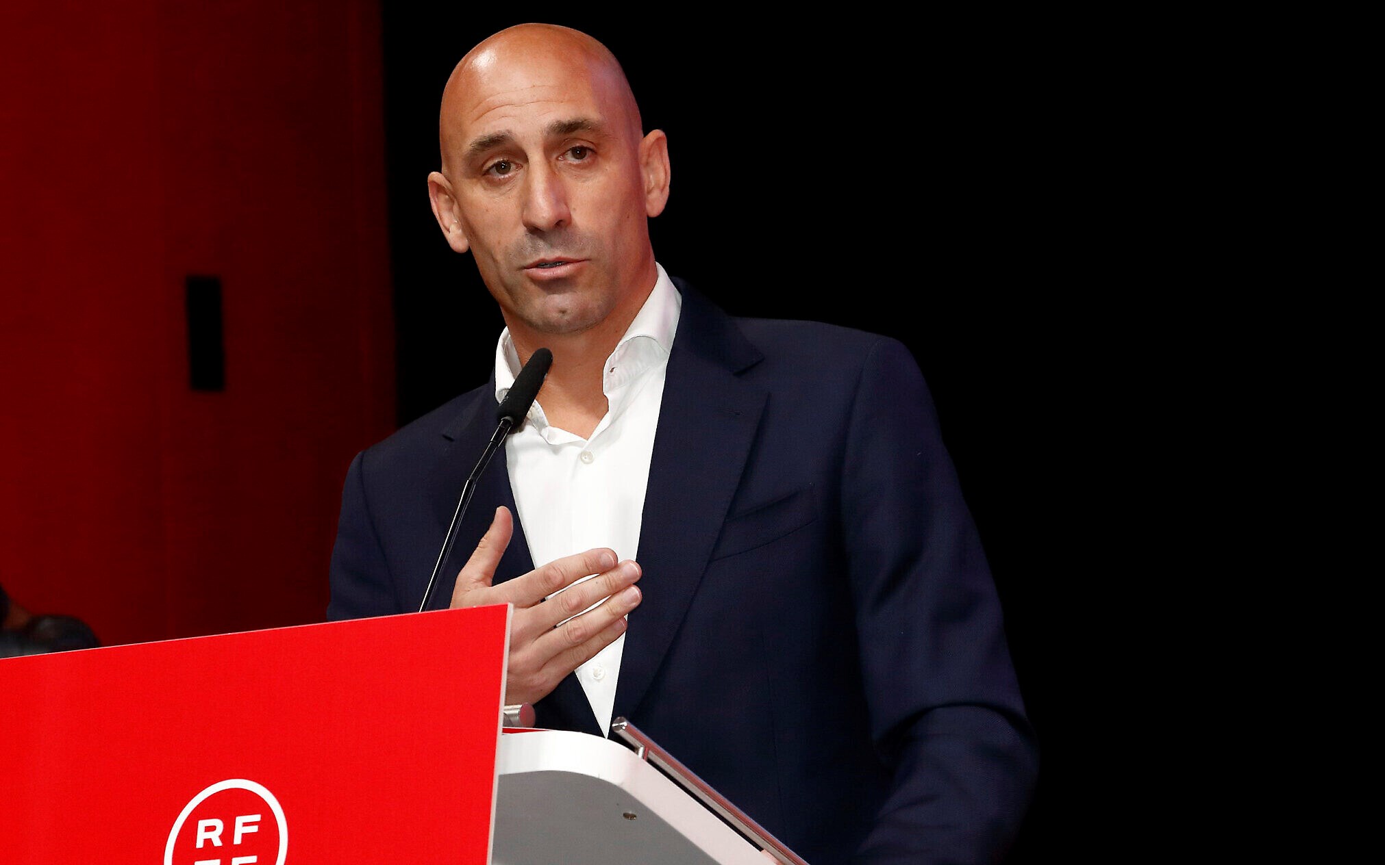 RFEF President Luis Rubiales delivers a speech during an extraordinary general assembly of the federation in Las Rozas de Madrid, on August 25, 2023. (AFP)