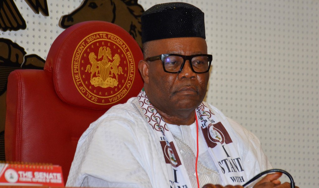 Nigeria newly elected Senate President, Godswill Akpabio, seen after taking an oath of office in Abuja Nigeria, Tuesday , June 13, 2023. (AP)