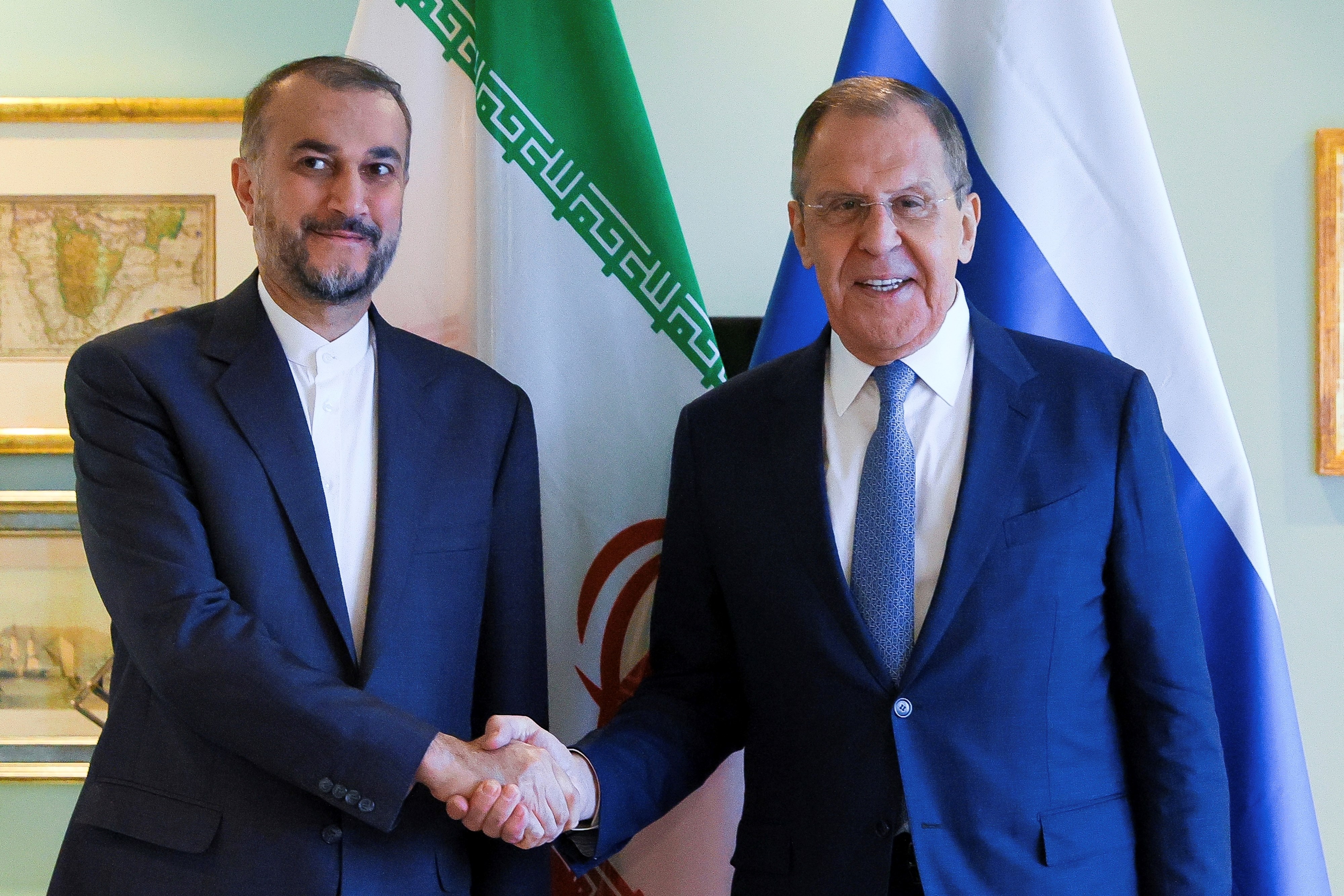 Iranian Foreign Minister Hossein Amirabollahian and Russian Foreign Minister Sergey Lavrov pose for a photo prior to their talks on the sideline of the BRICS economic bloc of developing nations in Cape Town, South Africa, June 2, 2023 (AP)