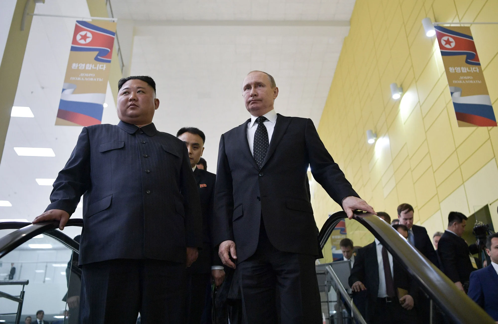 Russian President Vladimir Putin and North Korean leader Kim Jong-un in Russia in 2019 (AFP)