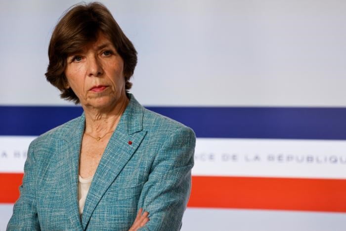 French Foreign Minister Catherine Colonna speaks after visiting the cargo ship for Ukraine Wednesday, Sept. 28, 2022 in the port of Marseille, southern France. (AP)
