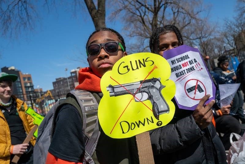 Students, teachers and others participate in a rally outside of the Williamsburg Charter High School in Brooklyn on March 29, 2023 in New York City. (Getty Images / AFP)