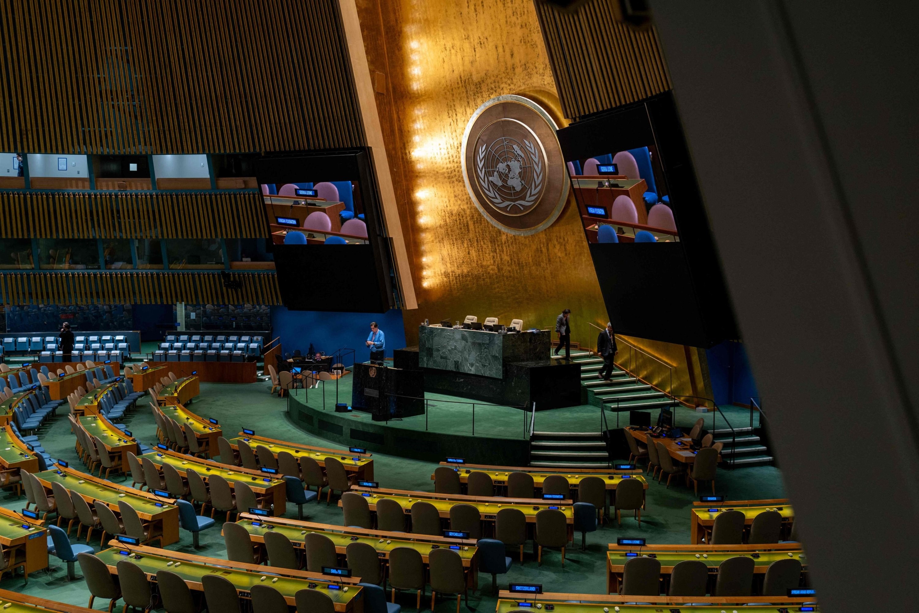 Last-minute preparations are made before the start of the United Nations General Assembly, New York City, US on Sept. 19, 2023. (AFP)