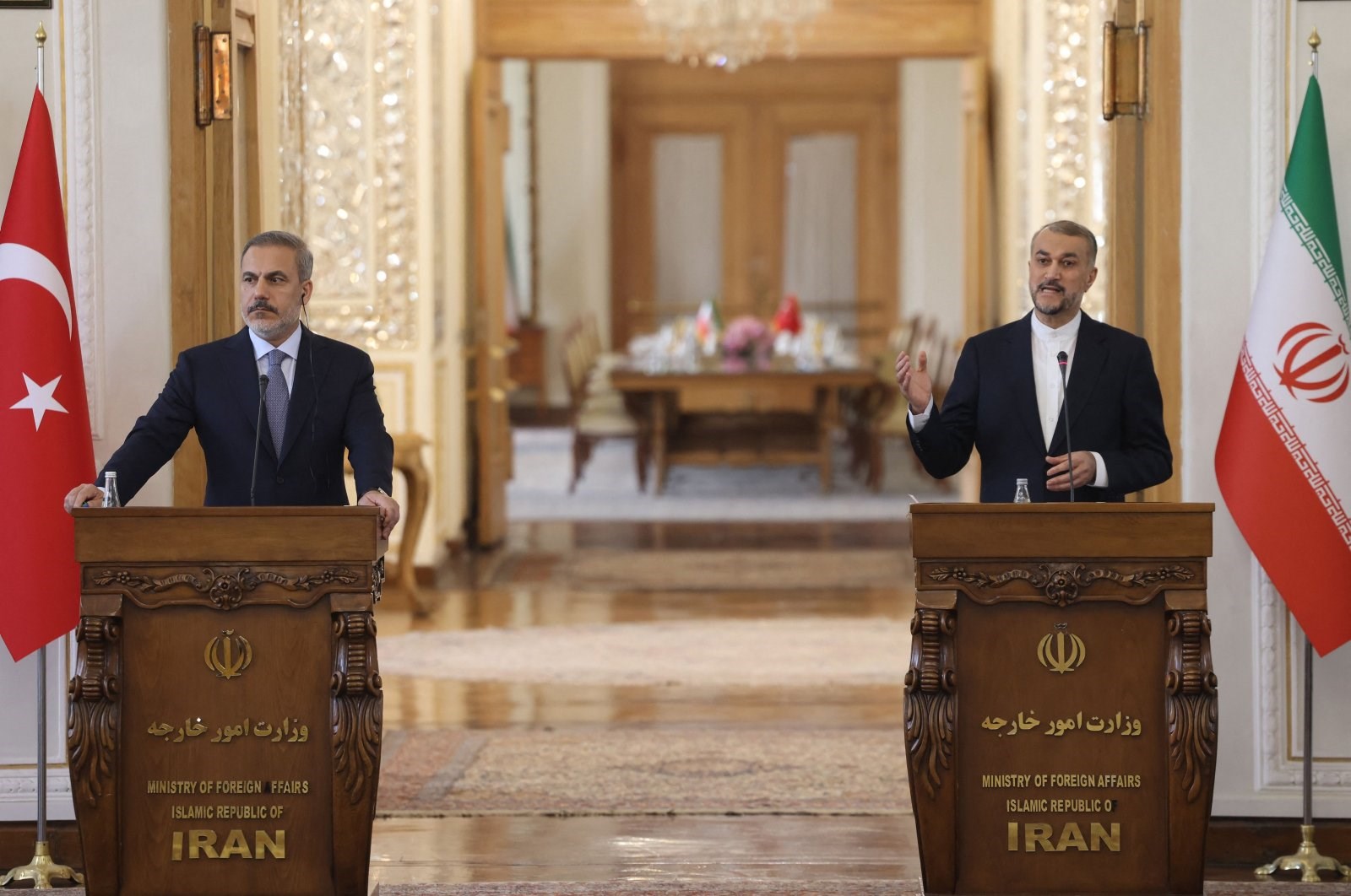 Foreign Minister Hakan Fidan (L) and his Iranian counterpart Hossein Amir-Abdollahian hold a joint news conference in Tehran, Iran, Sept. 3, 2023. (AFP)