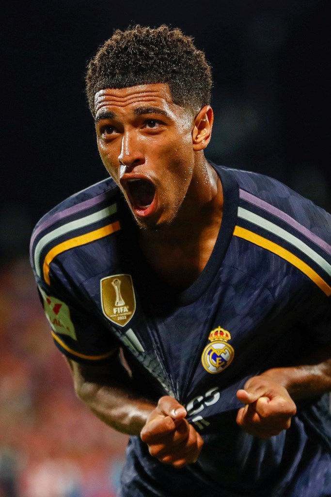 Real Madrid's Jude Bellingham celebrates after scoring his side's third goal Saturday, Sept. 30, 2023 (AP)