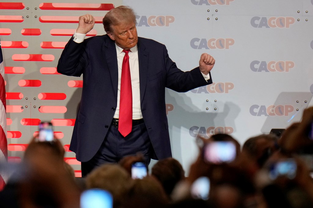 Former President Donald Trump reacts to the crowd after speaking at the California Republican Party Convention Friday, Sept. 29, 2023, in Anaheim, Calif, US (AP Photo/Jae C. Hong)