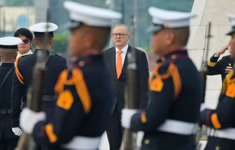 Anthony Albanese attends a wreath-laying ceremony in Manila ahead of his scheduled talk with Philippines president Ferdinand Marcos Jr. (AP)