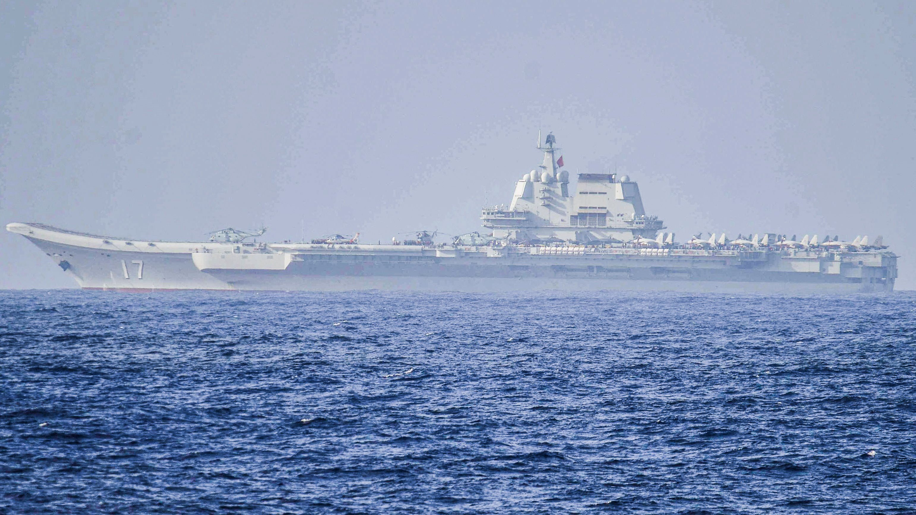 the Chinese aircraft carrier Shandong in Pacific Ocean waters in this photo released by Japan’s Ministry of Defense on April 6, 2023. (Japan’s Ministry of Defense/AFP)