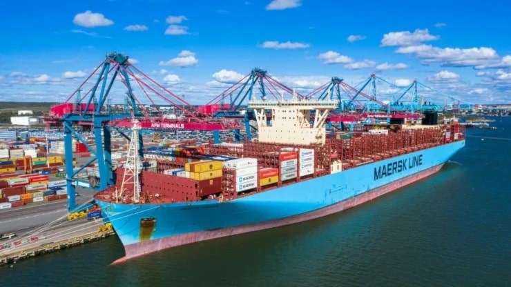 The container ship Maersk Murcia sits moored in the port of Gothenburg, on August 24, 2020. (AFP via Getty Images)