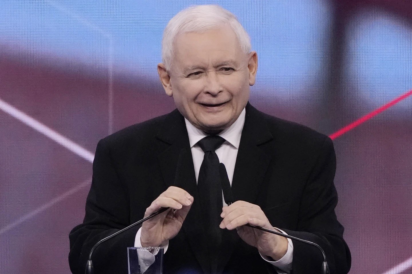 Jaroslaw Kaczynski, the head of Poland’s ruling opposition speaks to a party convention in Poland, Sunday 14, 2023. (AP)