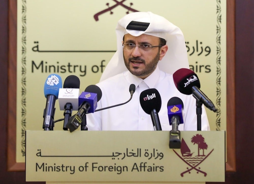 Spokesperson for the Qatari Foreign Ministry Majed al-Ansari speaking to reporters during a conference in Doha, Qatar on Tuesday, May 09,2023. (Qatari Foreign Ministry)