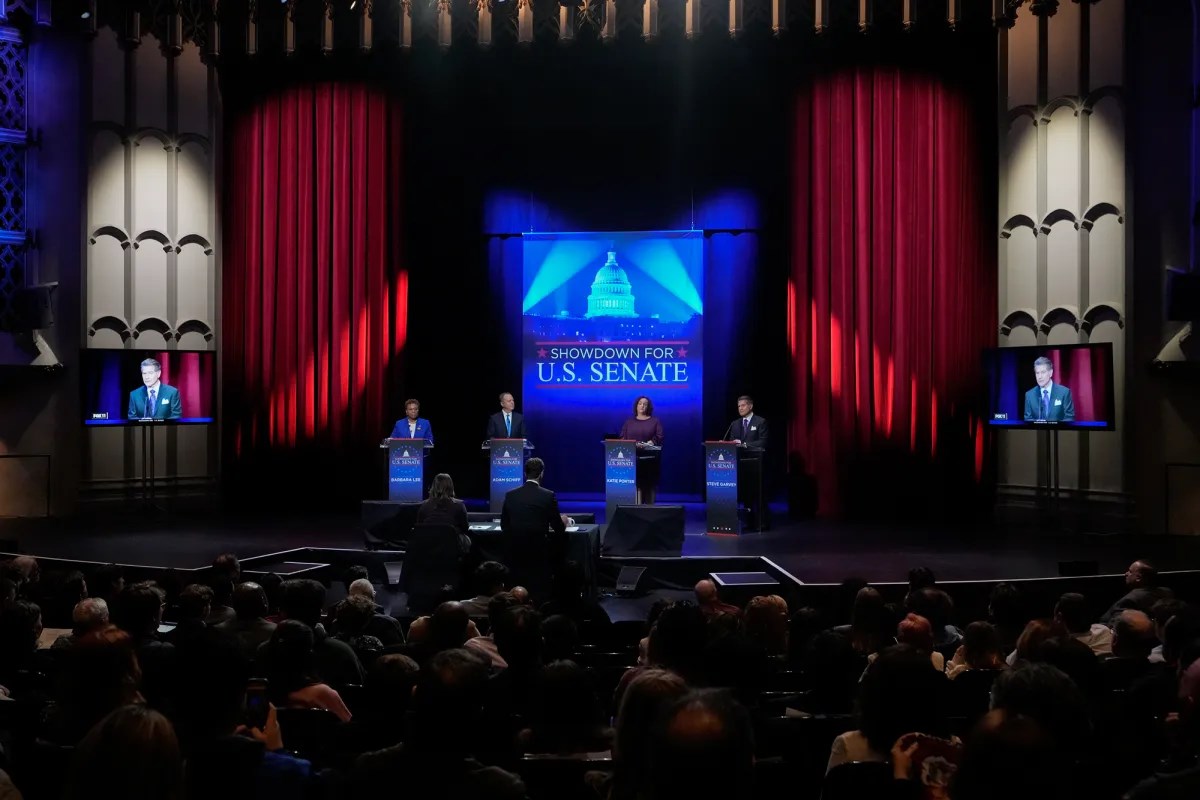 U.S. Senate candidates, from left, Reps. Barbara Lee, Adam Schiff and Katie Porter, and Republican Steve Garvey stand on stage during a televised debate in Los Angeles on Jan. 22, 2024. (AP)