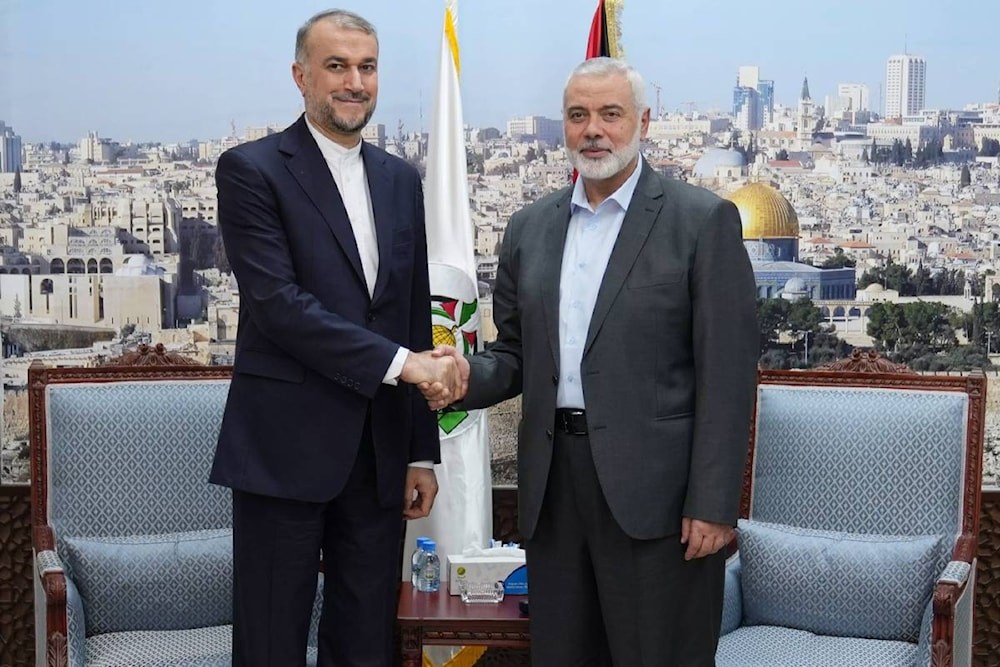 Iranian Foreign Minister Hussien Amir-Abdollahian meets with Hamas Political Bureau Chairman Ismail Haniyeh in Doha, Qatar on November 24,2023. (Iranian Foreign Ministry / Handout)