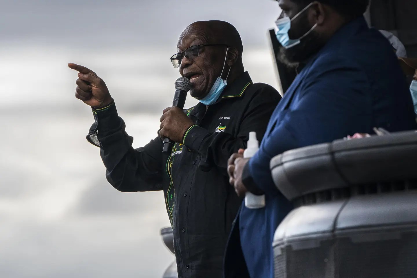 In this Sunday, July 4, 2021, former president Jacob Zuma addresses supporters at his home in Nkandla, South Africa. (AP)