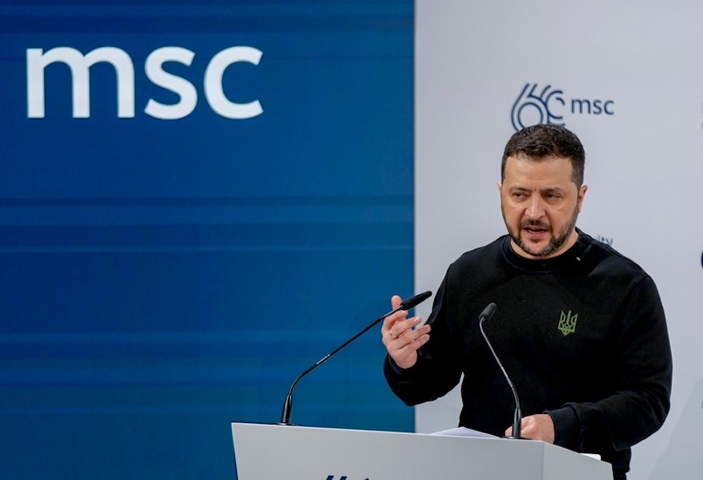 Ukrainian President Volodymyr Zelensky delivers a speech at the Munich Security Conference  in Germany on February 18, 2024. (AP)
