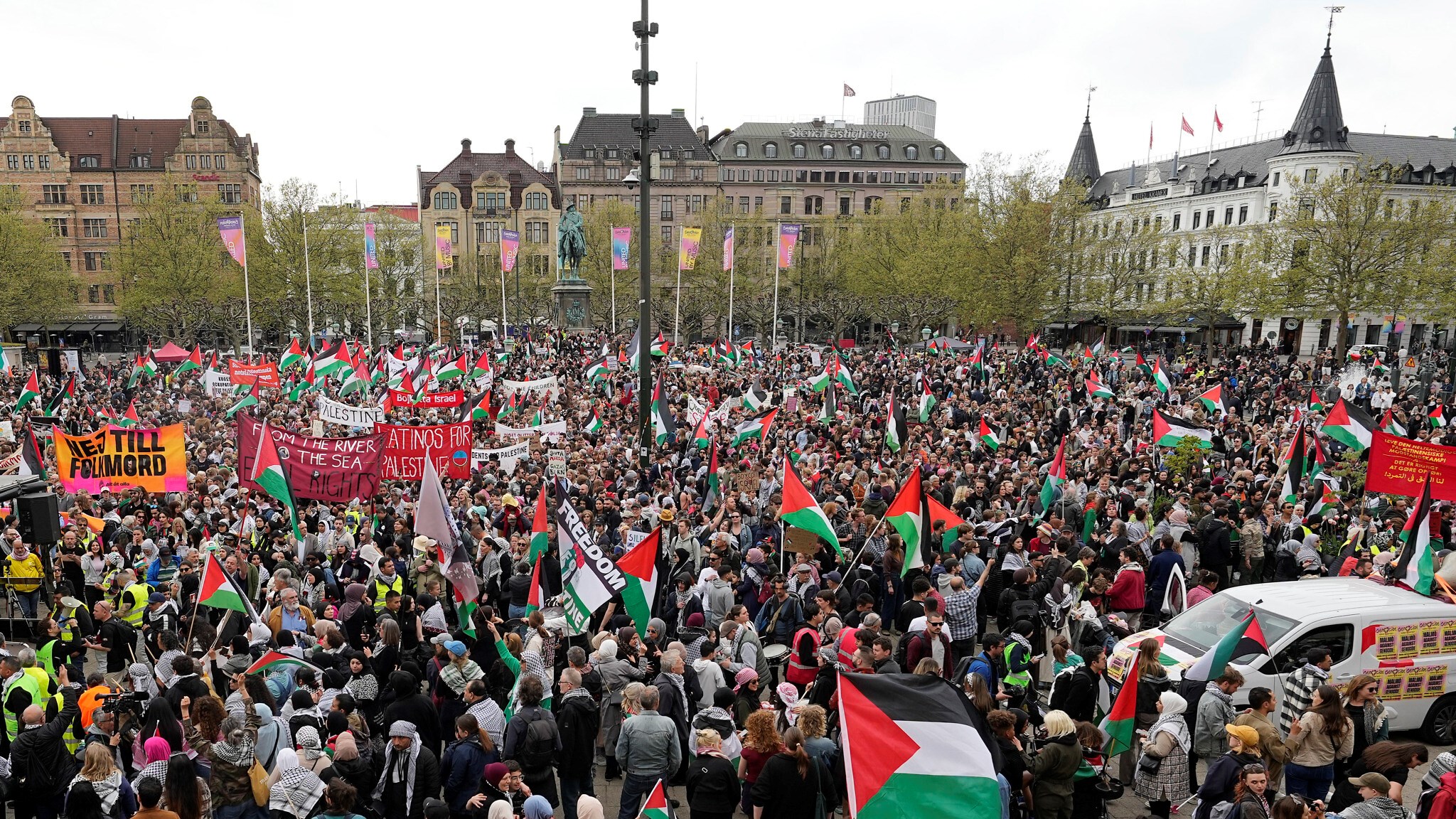 People protest at a pro-Palestinian rally ahead of the second semifinal at the Eurovision Song Contest in Malmo, Sweden, May 9, 2024. (AP)