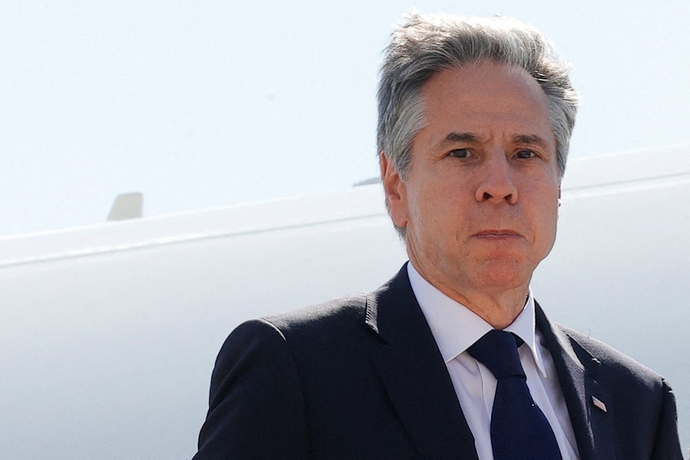 US Secretary of State Antony Blinken boards a plane at the US Naval support Activity base, after the G7 foreign ministers summit on Capri Island in Naples, on April 19,2024. (AFP)